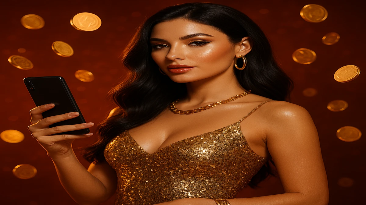 BD222-র ক্রিপ্টো-গেমিং প্ল্যাটফর্মের গেমগুলো প্রচারের জন্য, ঝলমলে সোনালি পোশাক পরা একটি মার্জিত এশীয় নারী একটি স্মার্টফোন ধরে অবস্থান করছেন; সঙ্গে সঙ্গে সোনালি বিটকয়েন কয়েন বৃষ্টির মতো নেমে পড়ছে।