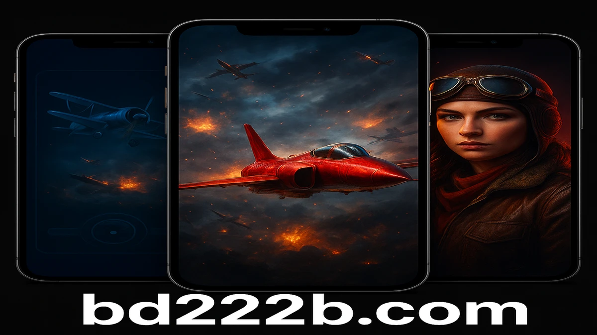 BD222 Aviator গেমটি একাধিক স্মার্টফোন স্ক্রিনে প্রদর্শিত হচ্ছে, যেখানে উড়ন্ত একটি লাল বিমান এবং পাইলট জ্যাকেট পরা একজন মহিলা চরিত্র দৃশ্যমান।