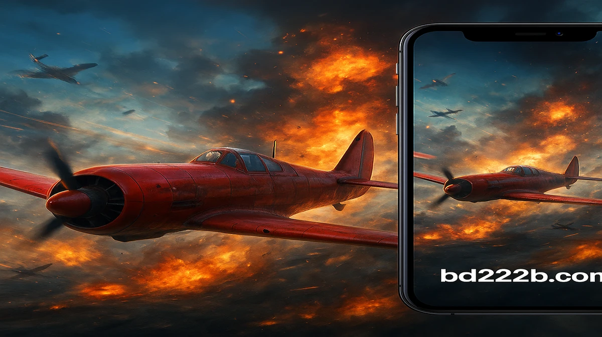 BD222–র Aviator গেমটির প্রোমোশনাল ইমেজ, যেখানে একটি লাল রঙের প্রপেলার বিমান বিস্ফোরণময় ভূদৃশ্যের ওপর উড়ছে, ডান পাশে মোবাইল গেম ইন্টারফেস দেখা যাচ্ছে।