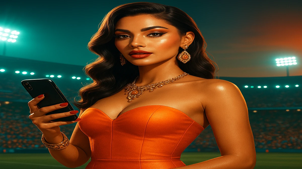 একজন আড়ম্বরপূর্ণ নারী ভিড়ভরা স্টেডিয়াম থেকে তাকিয়ে রয়েছেন, হাতে ধরা স্মার্টফোনে BD222 স্পোর্টস গেমিং অ্যাপটি খোলা, তিনি খেলার অংশ হতে প্রস্তুত।