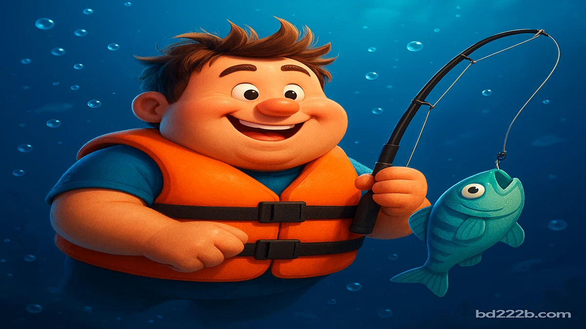 BD222-এ উপলব্ধ Big Bass থিম-ভিত্তিক গেমটির কার্টুন চরিত্র পানির নিচে একটি মাছ এবং একটি মাছ ধরার ছিপ উঁচিয়ে গর্বের সাথে ধরে রয়েছে।