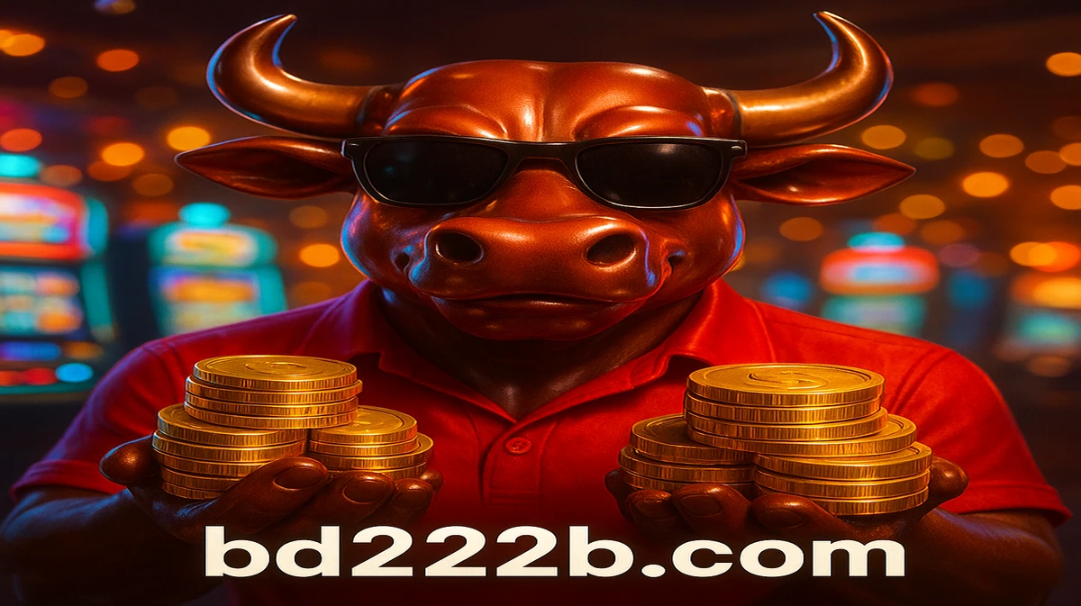 BD222-র Fortune Ox গেমটির শক্তিশালী মস্কট, সানগ্লাস পরা এক কুল গরু, উজ্জ্বল গেমিং প্ল্যাটফর্ম-পরিবেশে সোনার মুদ্রার স্তূপ ধরে দাঁড়িয়ে আছে।