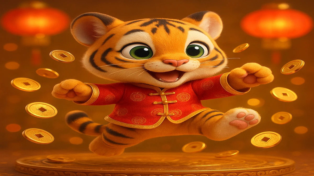 BD222-এ Fortune Tiger গেমের আদরের মস্কটটি সোনা মুদ্রা বর্ষণ ও শুভ লাল লণ্ঠনের মাঝে মার্শাল আর্টস-ভঙ্গি ধারণ করেছে।